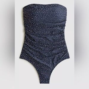 J. Crew Ruched Bandeau One-Piece Halter Swimsuit in Navy Polka Dot Size 24
